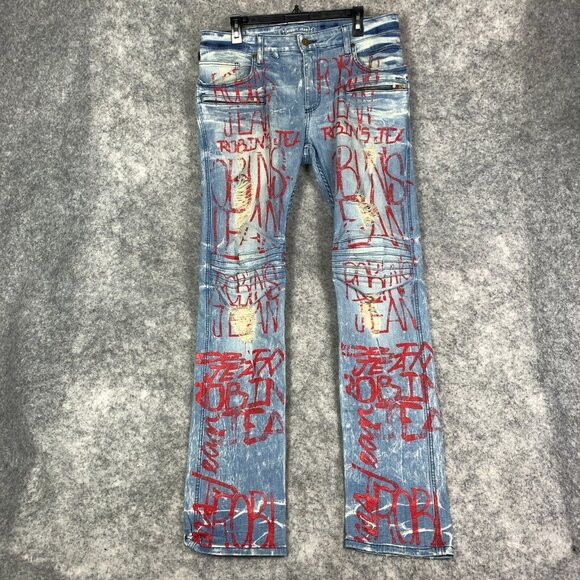 Robin's Jean Other - Robin's Jean Graffiti Jeans Mens 34 x 34 Blue Distressed Slim Straight Biker